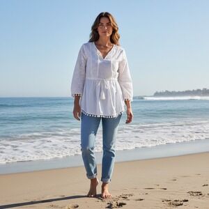 Indigo Paisley Eyelet Emboidered Tunic Women M White Tassel Pom Pom Cottagecore